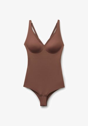 Nahtloser brauner Body mit geformten Cups, verstellbaren Schulterträgern, tiefem V-Ausschnitt und Druckknöpfen im Schritt für sicheren Sitz.