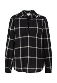 Blouse noire à manches longues avec grand motif à carreaux blancs, col en V et col doux, poignets ajustés aux manches.