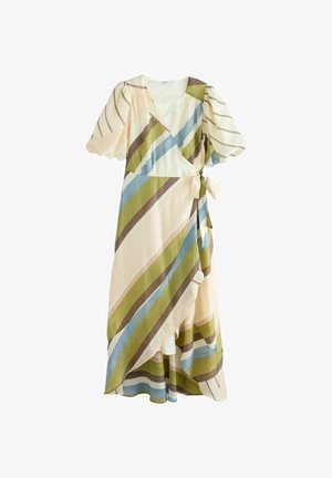 Kreemikas mähkmejakk pufflõhkudega, millel diagonaalsed triibud rohelises, sinises ja pruunis, vööditud talje juures külgmise lõuaga.