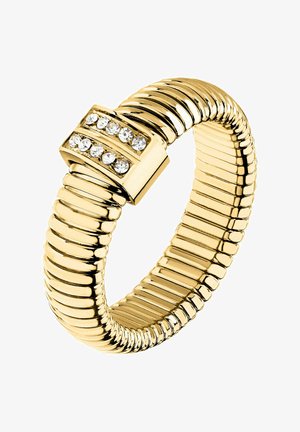 Anello a fascia flessibile in oro con design scanalato e una chiusura rettangolare decorata con due file di gemme rotonde trasparenti.