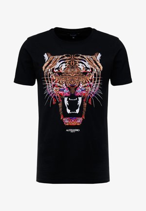 Czarny bawełniany t-shirt z haftowanym wizerunkiem tygrysa w odcieniach pomarańczowym, białym i różowym, z misternymi detalami i wyrazistymi kolorami.
