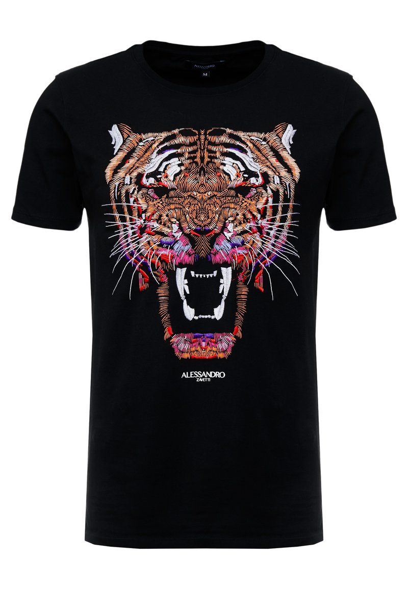 Camiseta de algodón negra con un diseño bordado de la cara de un tigre en tonos naranja, blanco y rosa, con detalles intrincados y colores vibrantes.