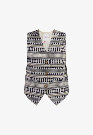 Krém, tengerészkék és arany színű mintás mellény; öt gombbal, V-kivágással és ferde szegéllyel rendelkezik. Texturált anyag geometrikus mintákkal.