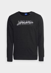 Felpa nera realizzata in cotone misto, con scollo rotondo, maniche lunghe e una grafica frontale in bianco e grigio. Il testo è parzialmente sbiadito.