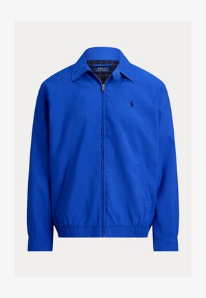 Blue zip-up jacket made of smooth fabric, featuring a pointed collar, elastic cuffs, two side pockets, and a small logo detail on the chest.