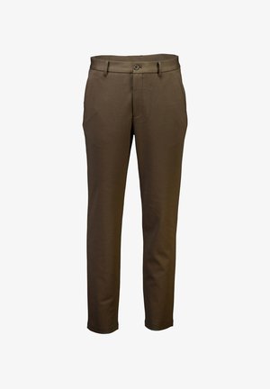 Ruskeakotiset puuvillasekoitehousut, joissa on suora malli, nappikiinnitys, etu- ja takataskut sekä sileä pinta.