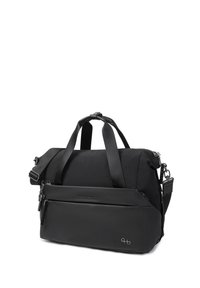 Sac de voyage Hedgren noir avec double poignée, bandoulière réglable et poche zippée avant sur fond blanc.