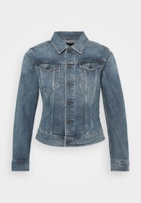 Blue denim jacket with long sleeves, a collared neck, button closures, two chest pockets, and a fitted design. Classic distressed texture.