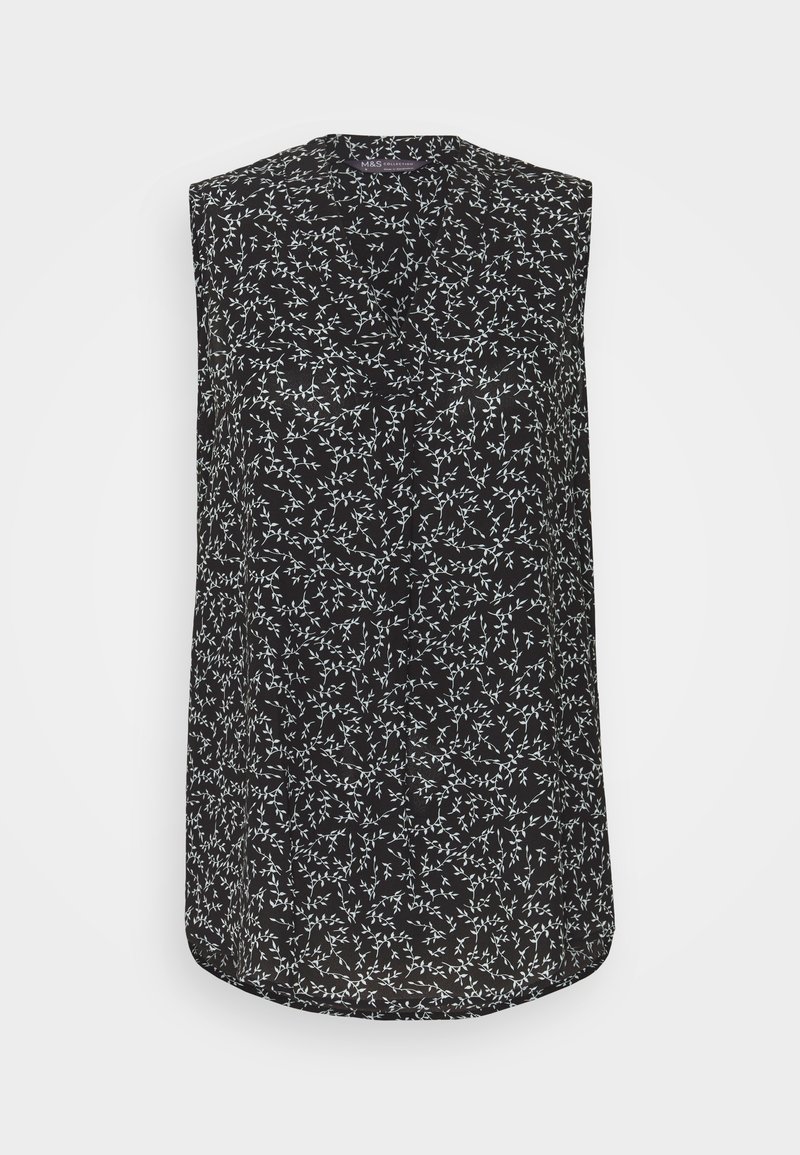 Blouse noire sans manches avec petit motif de feuilles blanches, col en V et ourlet arrondi, présentée sur un fond uni.