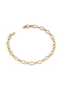 Gold chain bracelet featuring oval links with diamond accents, a lobster clasp, polished finish, and smooth texture.