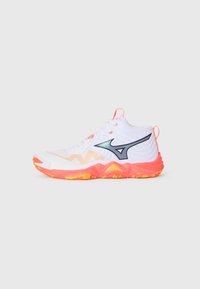 White mid-top athletic shoe with bright orange sole, mesh upper, and black logo on side, displayed on plain background.