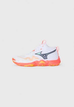 White mid-top athletic shoe with bright orange sole, mesh upper, and black logo on side, displayed on plain background.