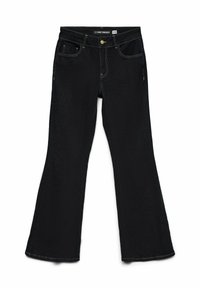 Zwarte flared jeans van denim met vijf zakken, gouden stiksels, een knoopsluiting en een gladde textuur. Hoge taille, wijde benen.