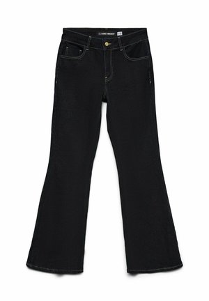 Jean flare en denim noir avec cinq poches, couture dorée, fermeture à bouton et texture lisse. Design taille haute, jambes larges.