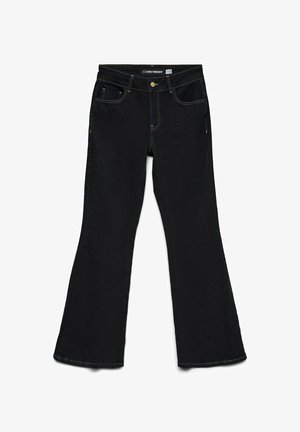 Black denim flared jeans with five pockets, gold stitching, a button closure, and a smooth texture. High-waisted design, wide legs.