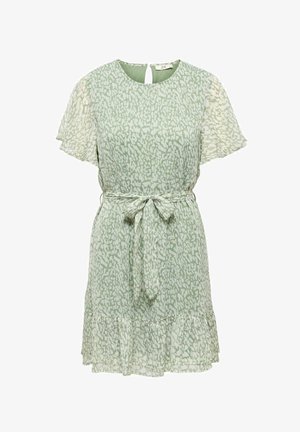 Lichtgroene korte jurk met patroon, korte vleugelmouwen, ronde hals, strikceintuur en een gerimpelde zoom.