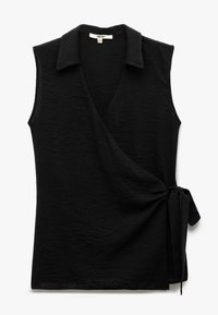 Sort ærmeløs wrap-top med krave, tekstureret stof og en knyttet detalje på siden. Enkel og moderne design.