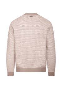 Strikket genser i lys beige med et teksturert mønster. Har rund hals, lange ermer og ribbestrikkede mansjetter og kant.