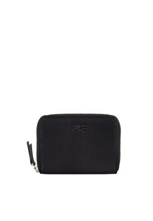Compact black zip-around wallet with a small embossed logo on front and a leather zipper pull tab.