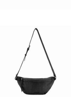 Marsupio nero in pelle con finitura testurizzata, forma curva, tracolla regolabile e scomparto con zip sul davanti.