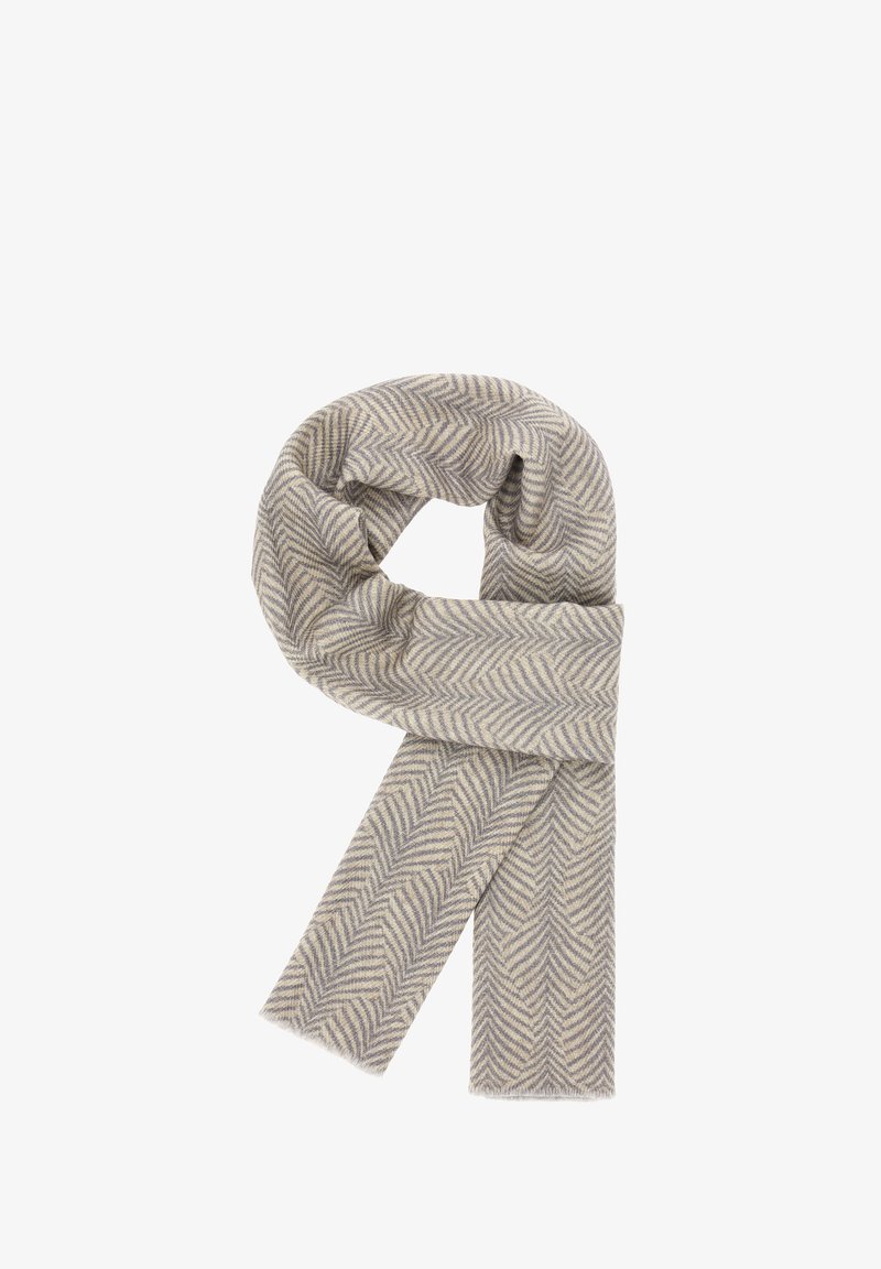 Skjoldemønstret tørklæde i beige og grå nuancer, lavet af blødt materiale, med frynset kant og en klassisk rektangulær form.