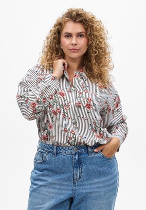 MIT GEBLÜMTEM UND SCHMALEN STREIFEN - Button-down blouse - black striped aop