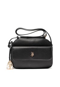 Borsa a tracolla in pelle nera con finitura testurizzata, dotata di patta frontale, logo dorato e tracolla regolabile.