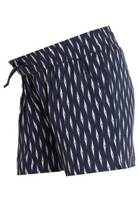 Marineblauwe shorts met wit ruitpatroon, elastische tailleband met trekkoord en zijzak, gemaakt van lichtgewicht stof.