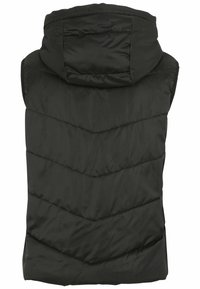 Schwarze gepolsterte ärmellose Jacke mit Kapuze, von hinten gezeigt, mit horizontalen und Zickzack-Nähten.