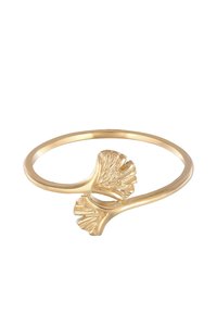 Anello regolabile color oro con design a foglia di ginkgo, dotato di una dettagliata texturizzazione, fascetta liscia e forma aperta per un facile utilizzo.