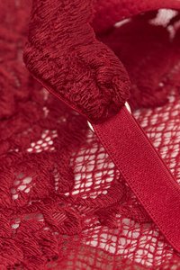 Detaillierte rote Spitze mit komplexen Blumenmustern, versehen mit einem glatten Riemen und einem kleinen metallischen Ringakzent. Strukturiert und zart.