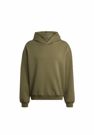Olive green hooded sweatshirt, features a front pouch pocket, ribbed cuffs, and hem, made from soft, textured fabric with a relaxed fit.