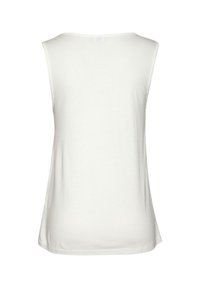 Top bianco senza maniche, texture liscia, scollatura rotonda e vestibilità comoda. Design semplice senza decorazioni o motivi.