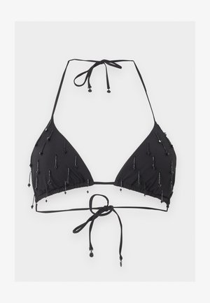 Fekete halter bikini felső háromszög abecékkel, állítható nyak- és hátkötésekkel, díszítve kis fekete gyöngyökkel függőleges mintázatban.
