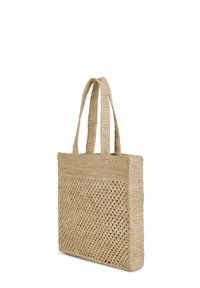 Borsa tote in paglia intrecciata, di forma quadrata, colore beige naturale, con due manici robusti e un design a reticolo aperto e testurizzato sul fronte.