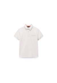 Φωτεινό μπεζ πόλο πουκάμισο από βαμβάκι, με κλασικό γιακά, κοντά μανίκια και υφασμένο λογότυπο στην αριστερή πλευρά του στήθους.