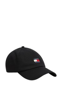 Sort baseballcap lavet af bomuldsstof, med et lille broderet logo med røde, hvide og blå striber. Krumme skygge design.