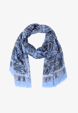 Șal bleu deschis cu un model paisley în nuanțe de albastru închis și negru, cu un tiv franjurat și un material moale, ușor.