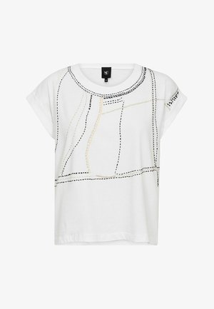 Λευκό T-shirt με κοντά μανίκια, μαύρα και μπεζ αφηρημένα ραμμένα γραμμικά μοτίβα και στρογγυλή λαιμόκοψη, μέγεθος μικρό.