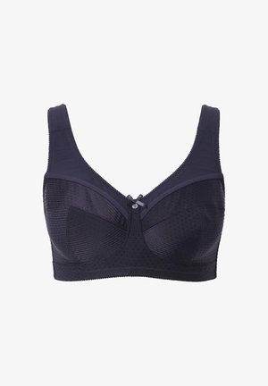 Marineblå bh lavet af tekstureret stof med et mønsterdesign, brede stropper og en dekorativ sløjfe med en metalaccent i midten.