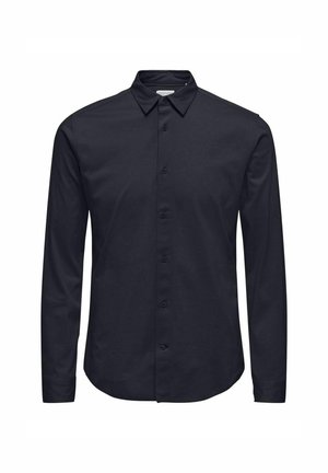 Langarmhemd aus dunklem Marineblau, ausgestattet mit einem Button-Down-Kragen, vorderen Knöpfen und einem abgerundeten Saum ohne sichtbare Muster oder Akzente.