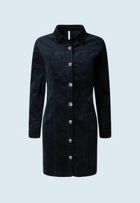 Navy kordflorskjol med krage, långa ärmar, knappstängning fram och två bröstfickor. Vertikal ribbad textur genom hela plagget.