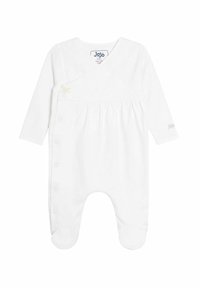 Béguin blanc pour bébé avec manches longues, design enveloppant, fermeture à boutons sur le côté, taille froncée et petit logo sur la manche.