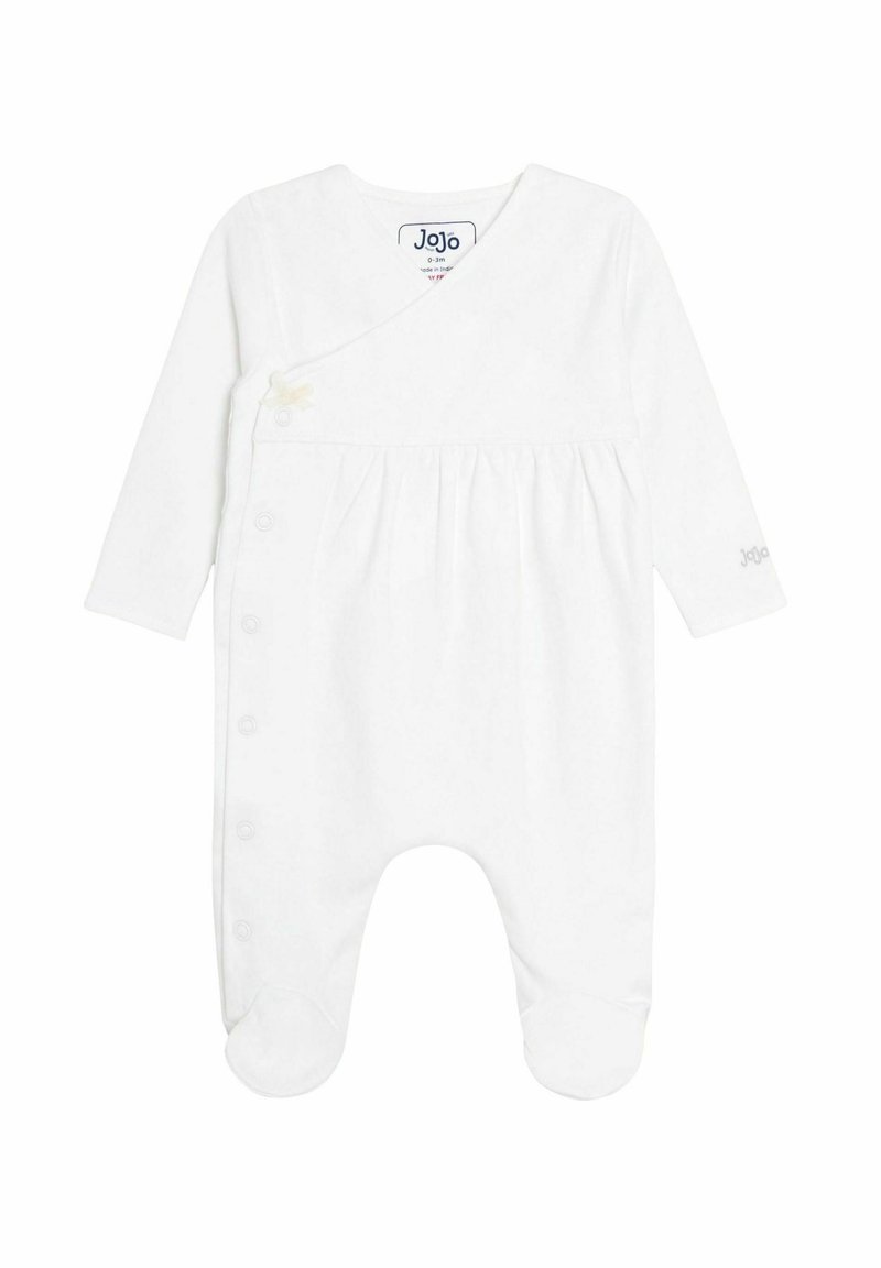 Béguin blanc pour bébé avec manches longues, design enveloppant, fermeture à boutons sur le côté, taille froncée et petit logo sur la manche.
