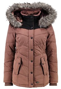 Brown insulated jacket with a fur-lined hood, quilted pattern, snap buttons, and two side pockets. Features a contrasting black collar.
