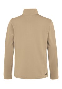 Khakifarbener Langarm-Pullover mit hohem Kragen, aus glattem Stoff; verfügt über ein minimalistisches Design und ein kleines Markenlabel am Saum.