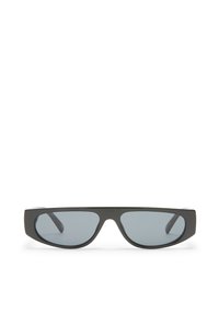 Occhiali da sole con una struttura sleeks in plastica nera, lenti ovali in gradiente blu, e aste dritte. Nessun hardware o accento visibile.