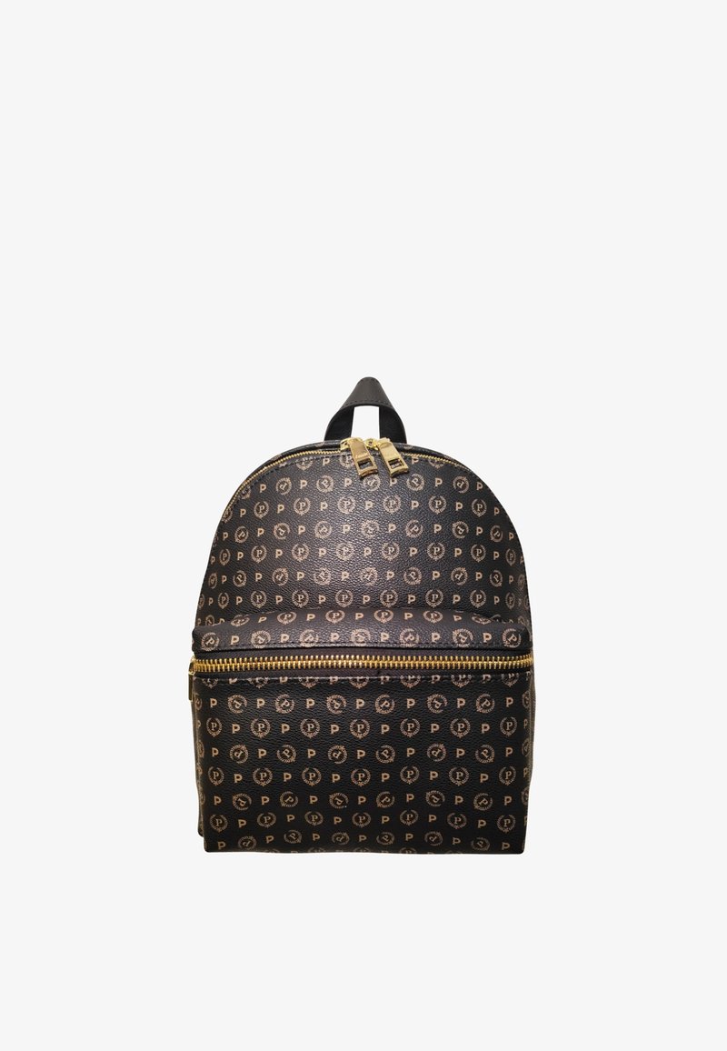Zaino nero con accessori in tono oro, caratterizzato da un motivo a logo in rilievo ripetuto e da due scomparti con cerniere. Texture liscia.