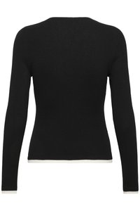 Maglione nero a maniche lunghe in tessuto a coste con orlo dritto e sottile rifinitura bianca ai polsi e ai bordi inferiori.