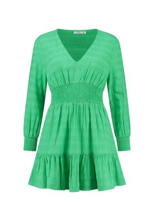 Abito verde con scollatura a V, vita arricciata, maniche lunghe e gonna a strati e svasata. Il tessuto presenta un motivo testurizzato.